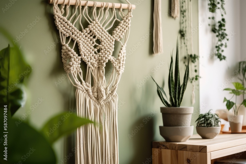 avocado green and sand macramé wall hanging with lotus symbol, white wall, and green plant. Hand kno