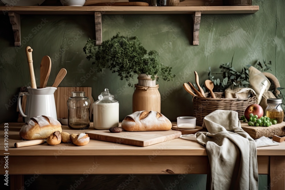 An old fashioned kitchen setting includes a wooden table, a bag of veggies, bagles, a cup of tea, an