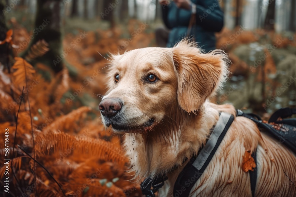 The dog walks in the woods. Close up. Generative AI