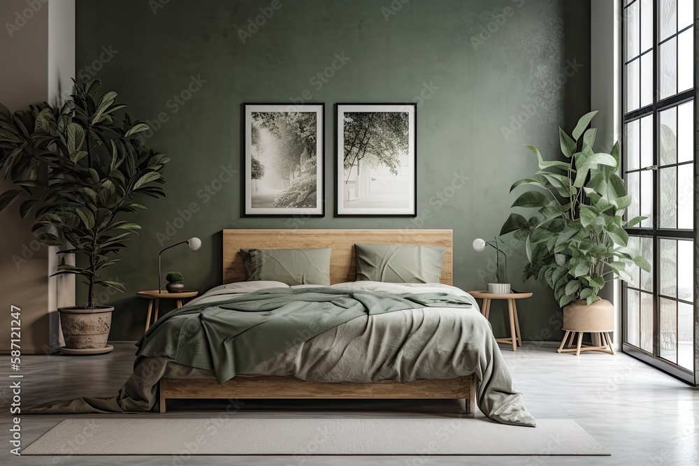 Modern bedroom with imitation poster frame, bamboo bed, night table, plants, and imaginative home ac