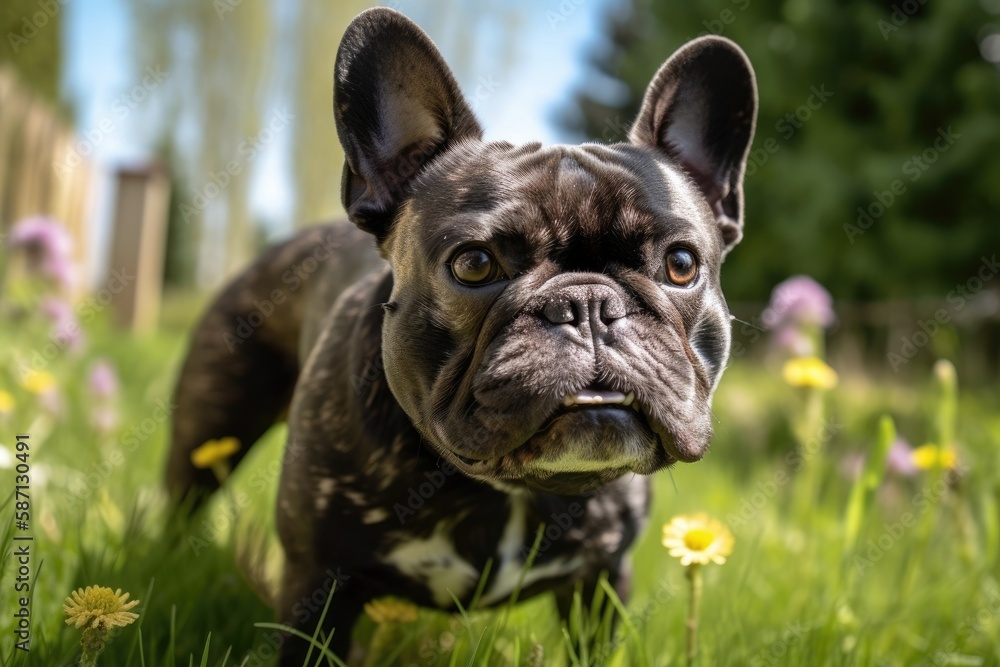 In a sunny garden with lush grass, there is a French bulldog. Generative AI