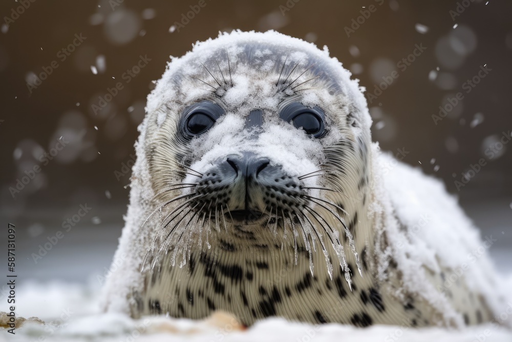 Pup of a gray seal (Halichoerus grypus) in a snowfall in the winter in Helgoland, Germany. Generativ