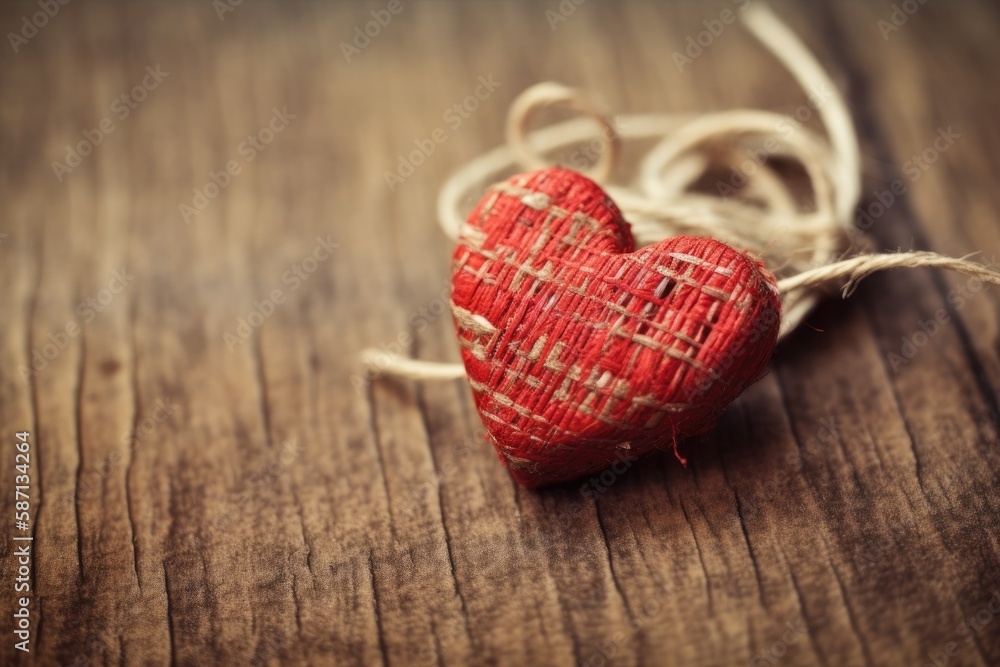red heart hanging on a string against a wooden background. Generative AI