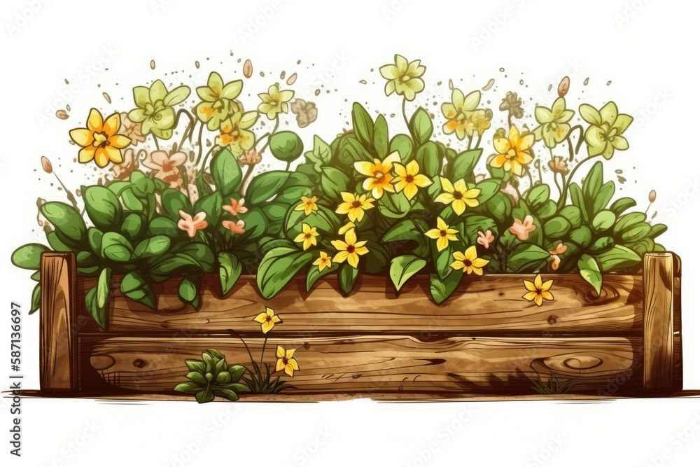 wooden planter overflowing with colorful flowers. Generative AI