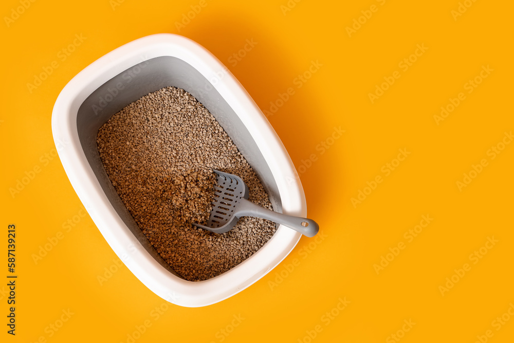 Litter box for cat on yellow background