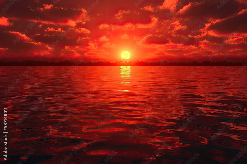 serene sunset over a calm body of water with clouds in the sky. Generative AI