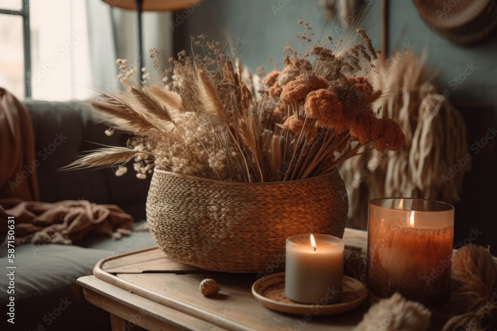Warm fall decor wicker basket with dried flowers, candle, and pampas grass vase on wooden table. Dri
