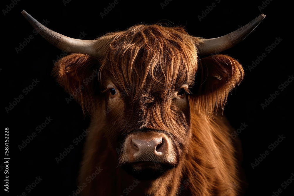 Brown Highland Cattle, Bos taurus taurus, with horns on its head. Domesticated cow isolated on black