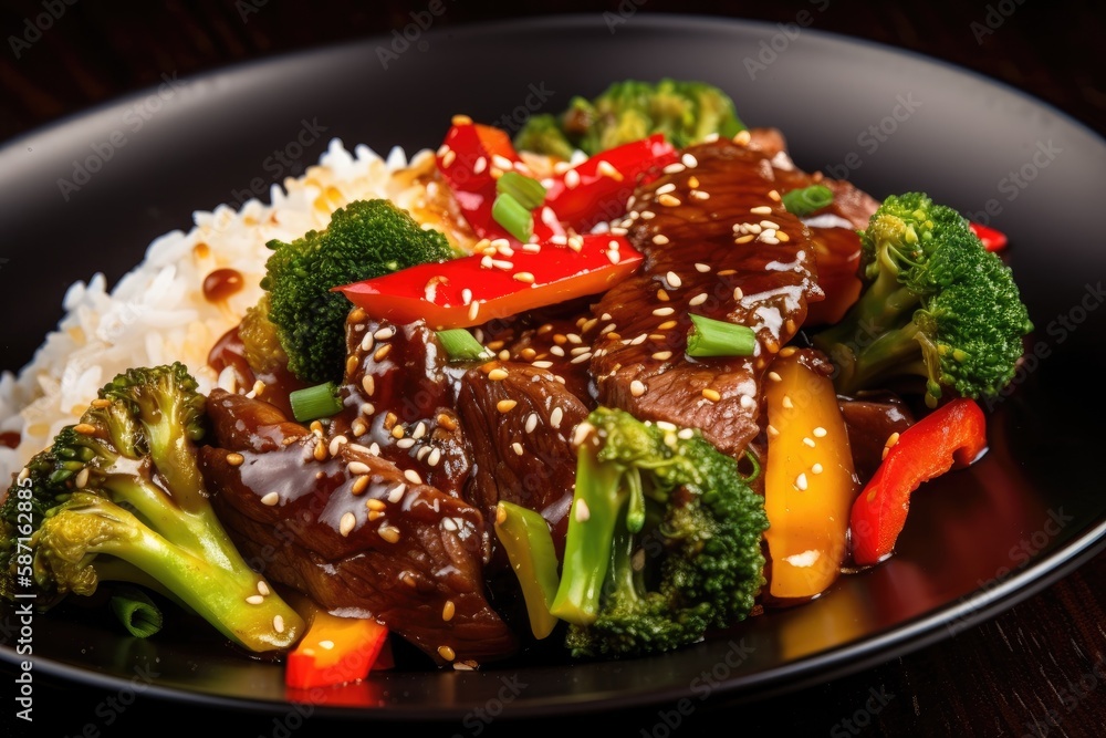 Asian food teriyaki beef with red and yellow bell peppers, broccoli and sesame seeds close up on a p