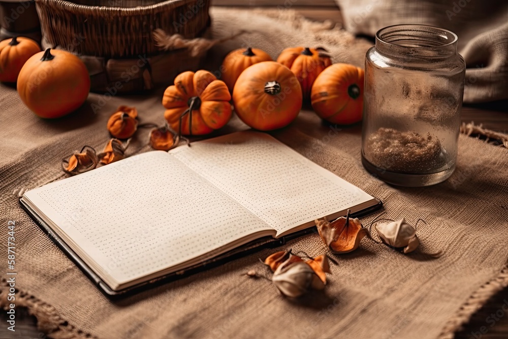 Empty diary, notepad mockup, and book on wooden table. Cape gooseberry, dry physalis. Beige jute car