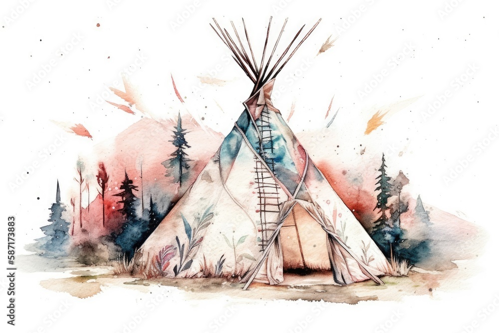 Hand drawn watercolor indigenous teepee, solitary white campground tent. Native American boho jewelr
