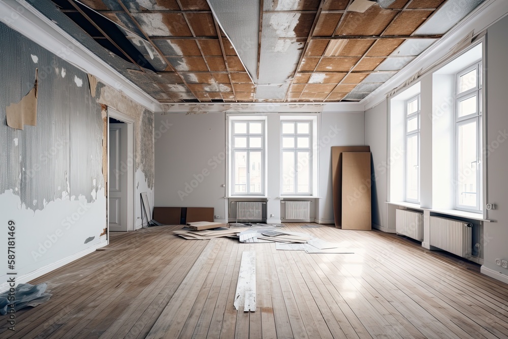 Unoccupied room with white walls, a wooden ceiling, parquet flooring, and scraps of gray striped wal