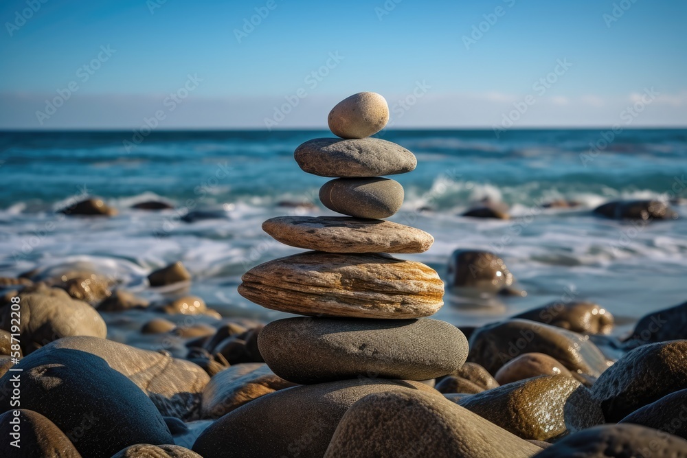 idea of balance and harmony. Set stones in opposition to the ocean. Scales formed from rock zen. Gen