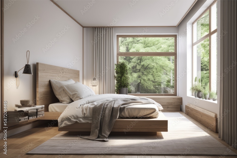 a master bedroom seen from the side with white walls, a carpet on wood, and a double bed beneath a b