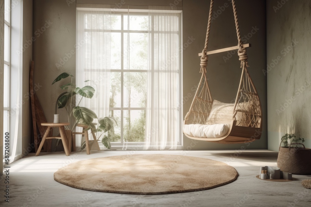 The trendy boho composition with changeable swing, pouf, window, commode, and wooden seat. Beige car