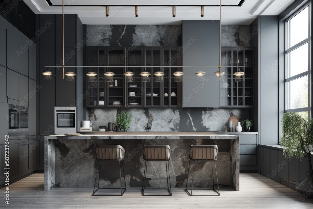 modern kitchen with a sleek marble countertop and stylish bar stools. Generative AI