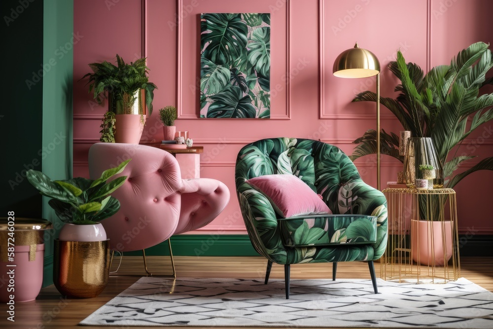 Spacious living room with pink plush armchair, telescope and exotic plants. Generative AI