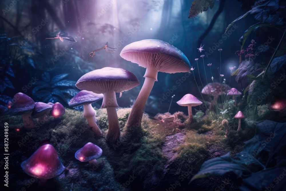 Fantasy Magical Mushrooms and Butterfly in enchanted Fairy Tale dreamy elf Forest with fabulous Fair