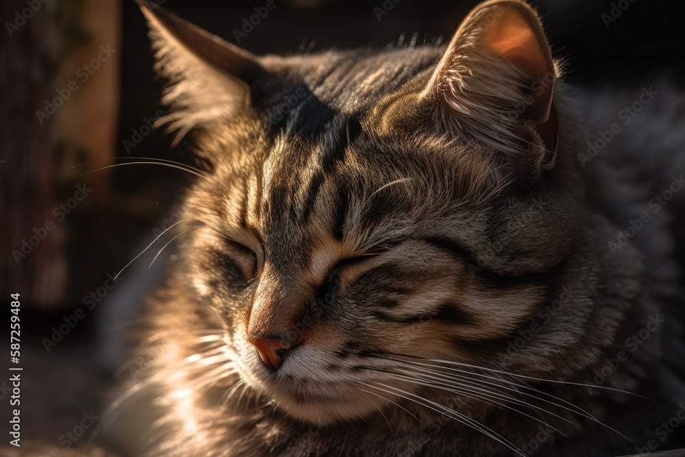 slum cat. In the early morning sunlight, a pet cat is dozing. Generative AI