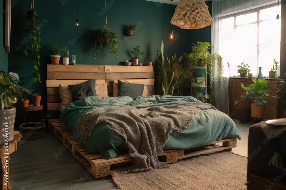 Huge double bed with wooden headboard, cushions, and blankets in pleasant boho bedroom with green wa