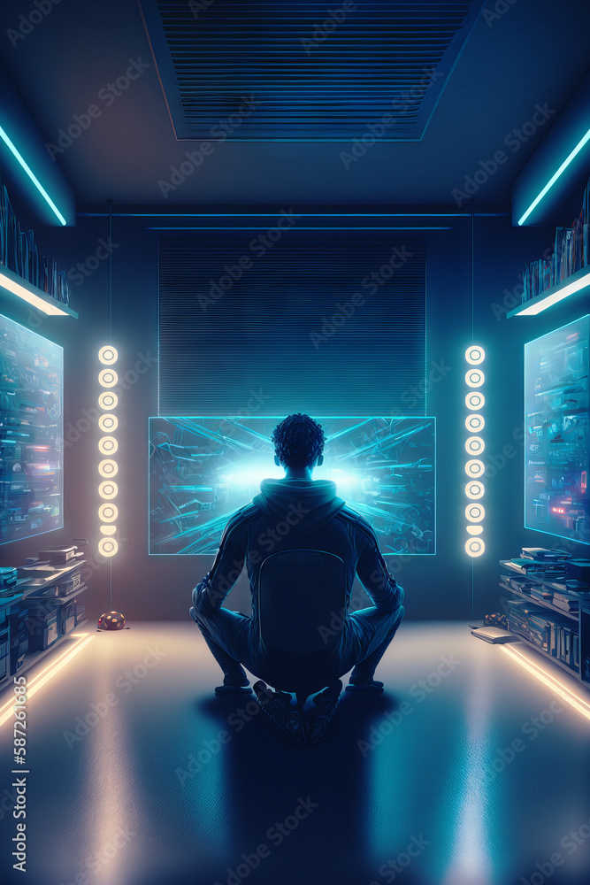 Gamer playing video games in a futuristic interior. Back view of a man sitting in front of a monitor