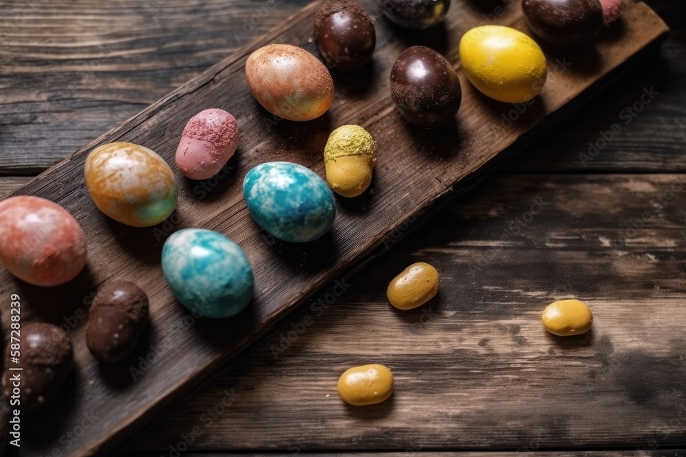 wooden tray filled with colorful chocolate eggs on a rustic table. Generative AI