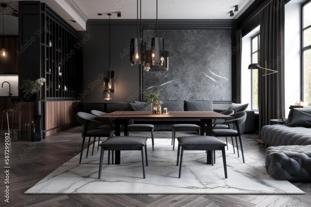 Gray furniture and black steel and marble textures are used in the living and dining areas of this m