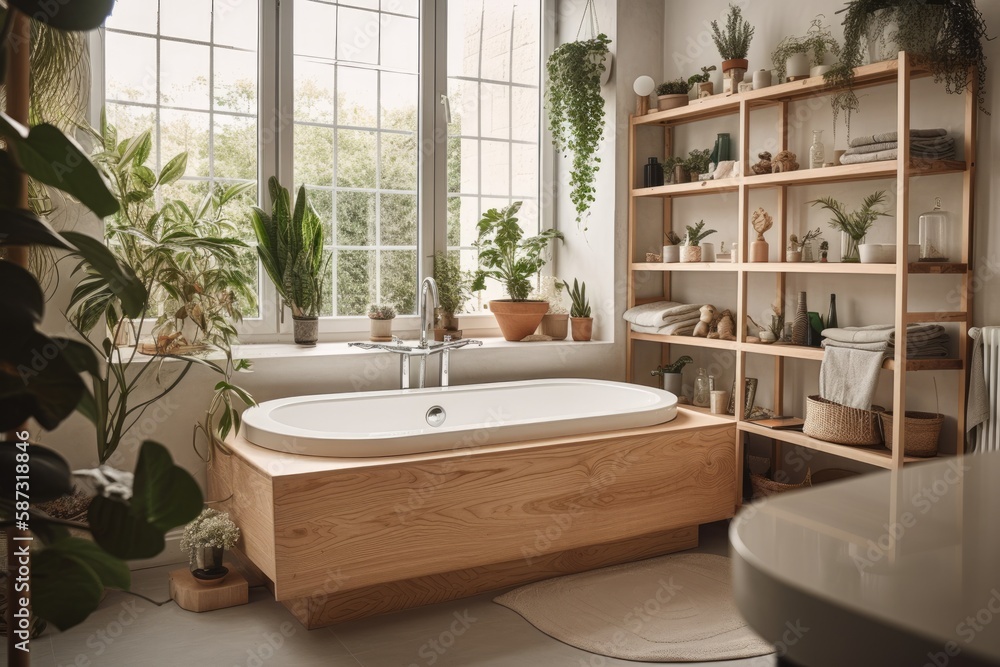 Modern white bathtub with wooden book shelf from above. Dream boho bathroom with panoramic window an