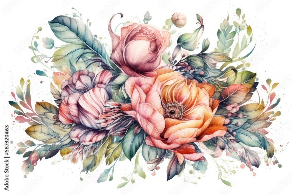 colorful bouquet of flowers painted in watercolor. Generative AI