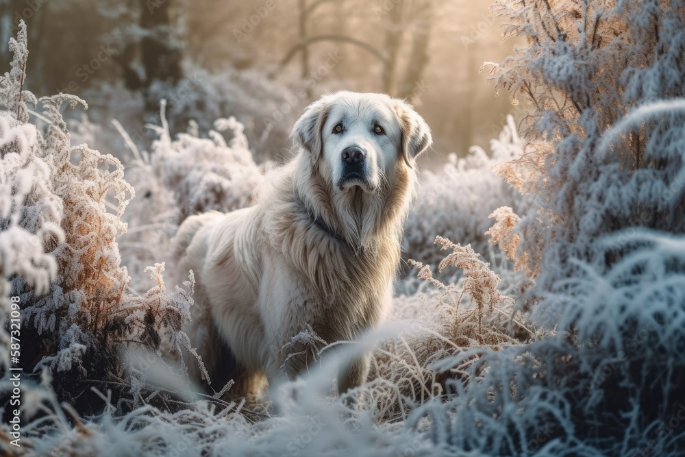 Dog surrounded by frosted vegetation in a snowy winter forest. Generative AI