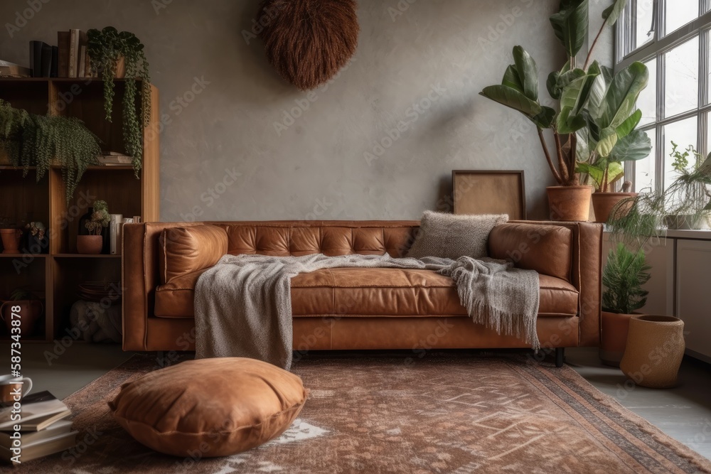 Cozy loft living room. Comfortable eco leather couch with cushion and bed throw. Boho chic sofa with