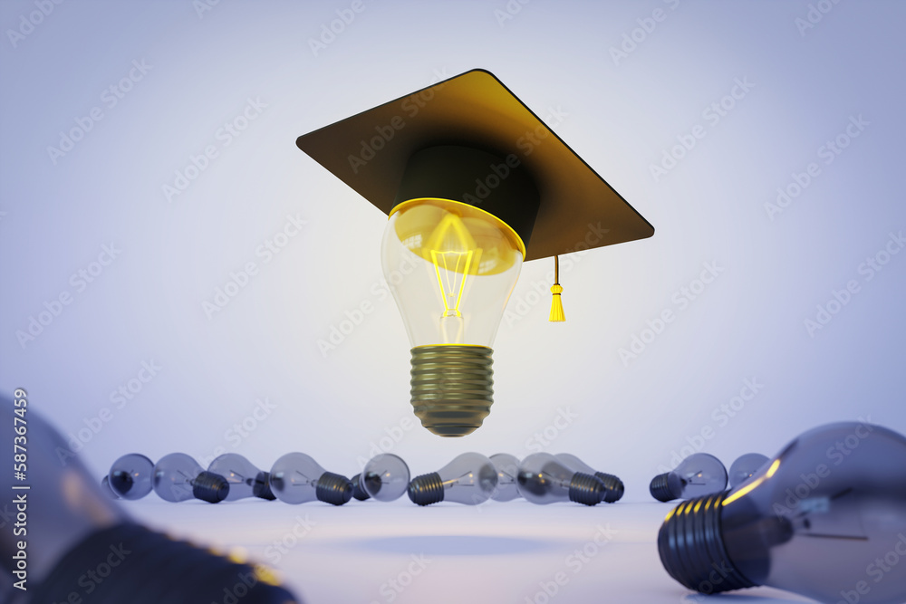 3d picture graphics collage of skilled talented light bulb achieve complete educational courses brig