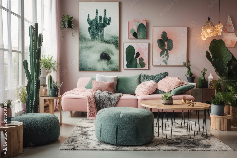 Cactus and hexagon paintings over a comfy couch with several cushions next to a black light in a liv