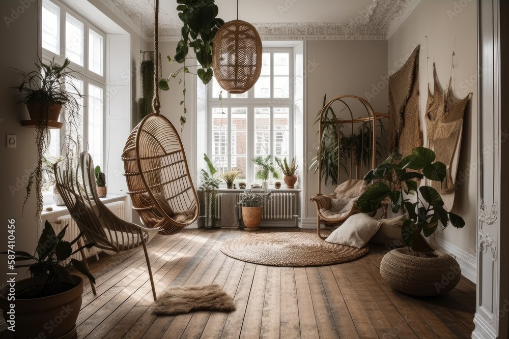 Rattan potted plants, lace hanging chair, and white Boho living room. Parquet and dark wooden shutte