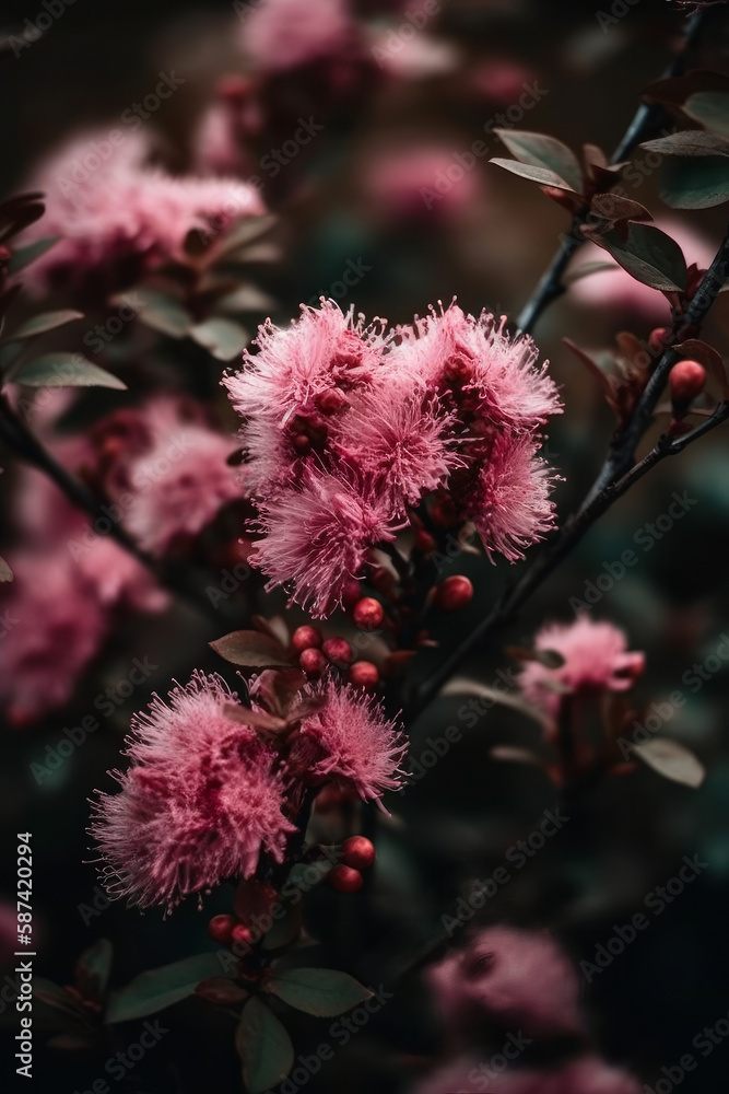 Pink flowers on tree. Illustration AI Generative.
