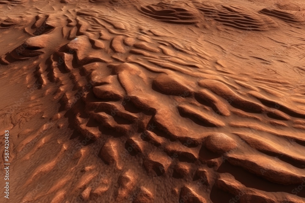 barren desert landscape with rocky outcrops and sand dunes. Generative AI