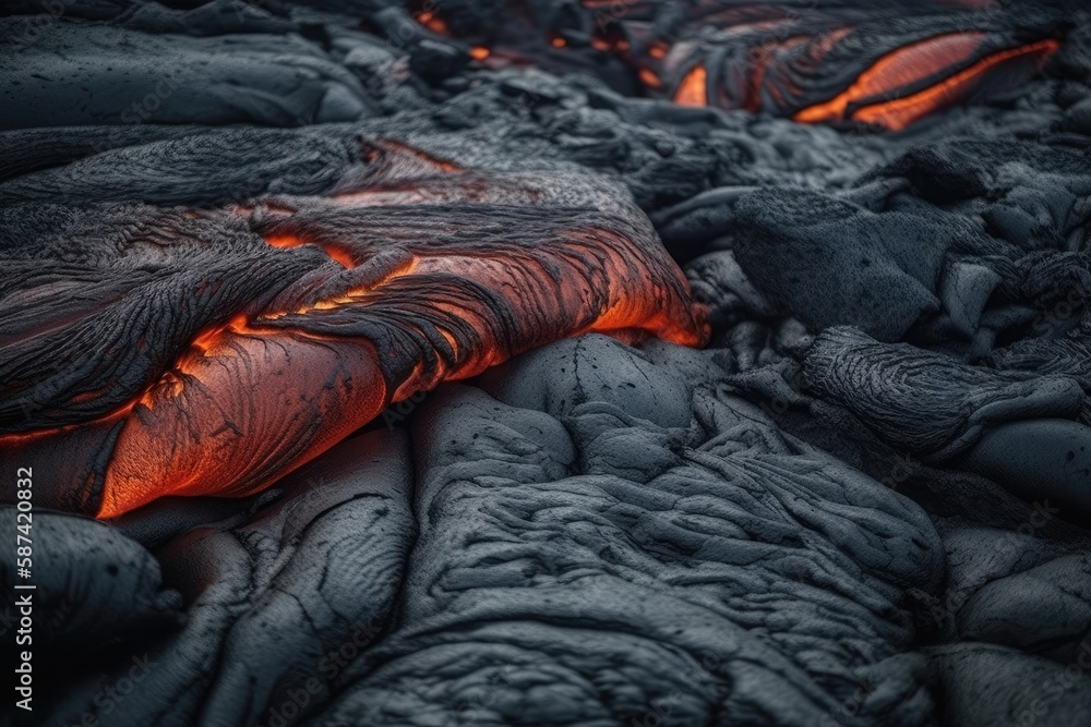 close-up view of hot molten lava flowing from a volcano. Generative AI