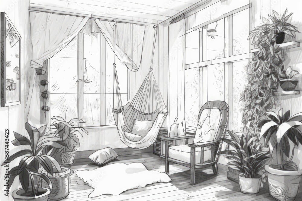 Boho farmhouse living room, white project sketch, potted plants, and lace hanging chair. Shuttered p