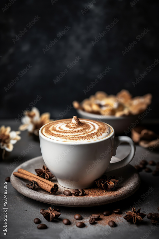 Cup of coffee. Rustic background. Illustration AI Generative.