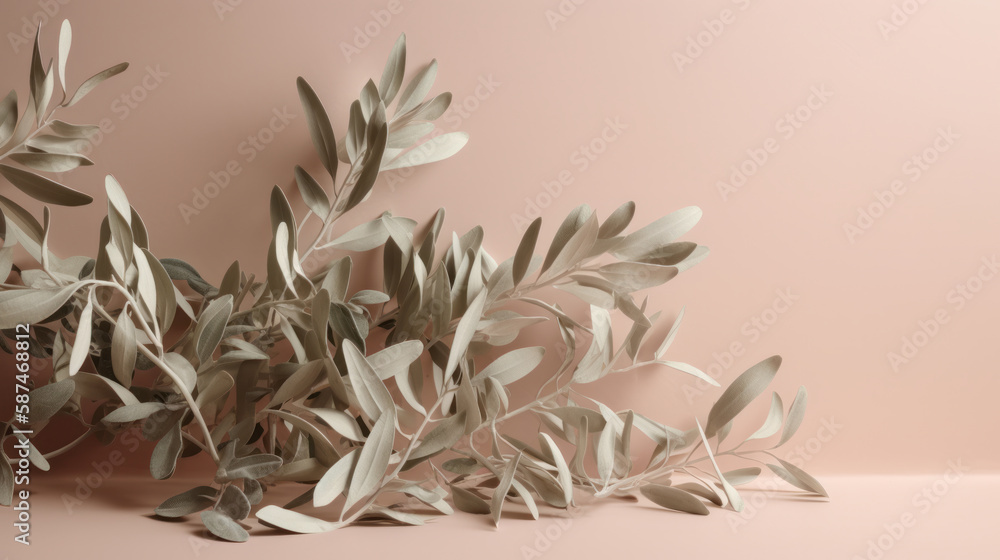 Olive tree branch on beige background. Illustration AI Generative