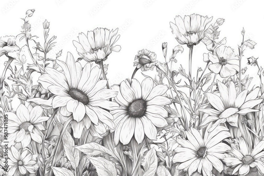 hand-drawn pencil sketch of a serene field filled with blooming daisies. Generative AI
