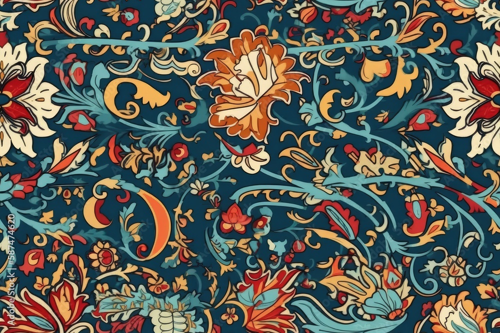 vibrant and colorful floral pattern in blue and red hues. Generative AI