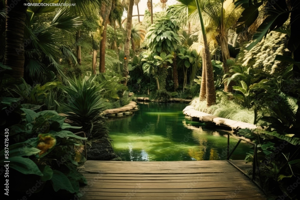 peaceful oasis with a tranquil pond and lush palm trees. Generative AI