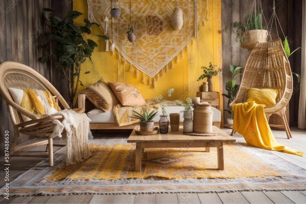 Wallpaper and parquet bohemian living room. White and yellow sofa, jute mat, and rattan armchair. Bo
