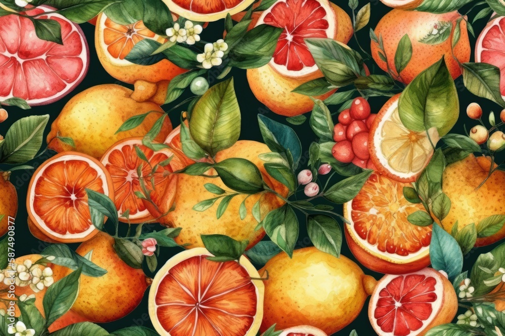 still life painting featuring oranges and other fruits. Generative AI