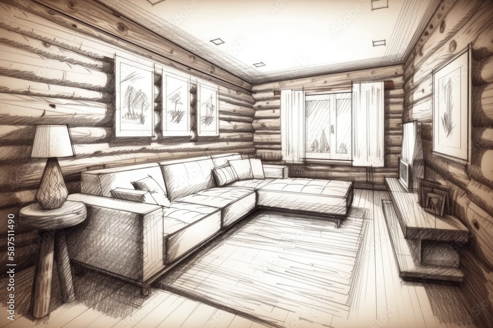 Complete white project sketch, log cabin living room, front perspective. Frame mockup, fabric sofa w