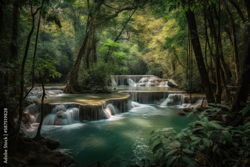 Huay Mae Kamin Waterfall, a stunning waterfall in a dense forest in the province of Kanchanaburi, Th
