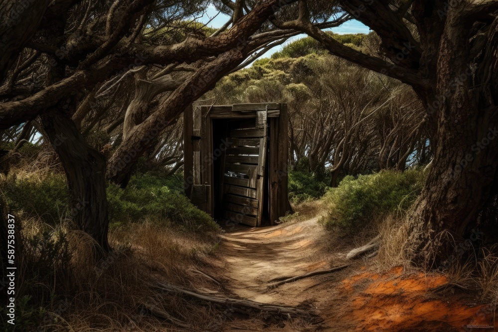 open wooden door in the middle of a lush green forest. Generative AI