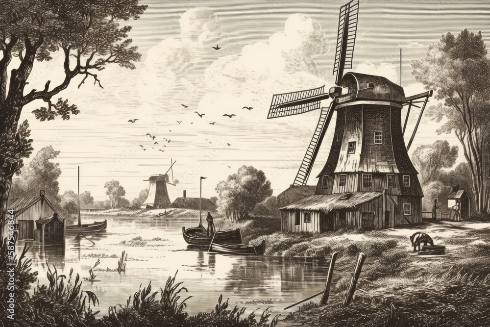 Dutch windmill standing near a scenic river landscape. Generative AI