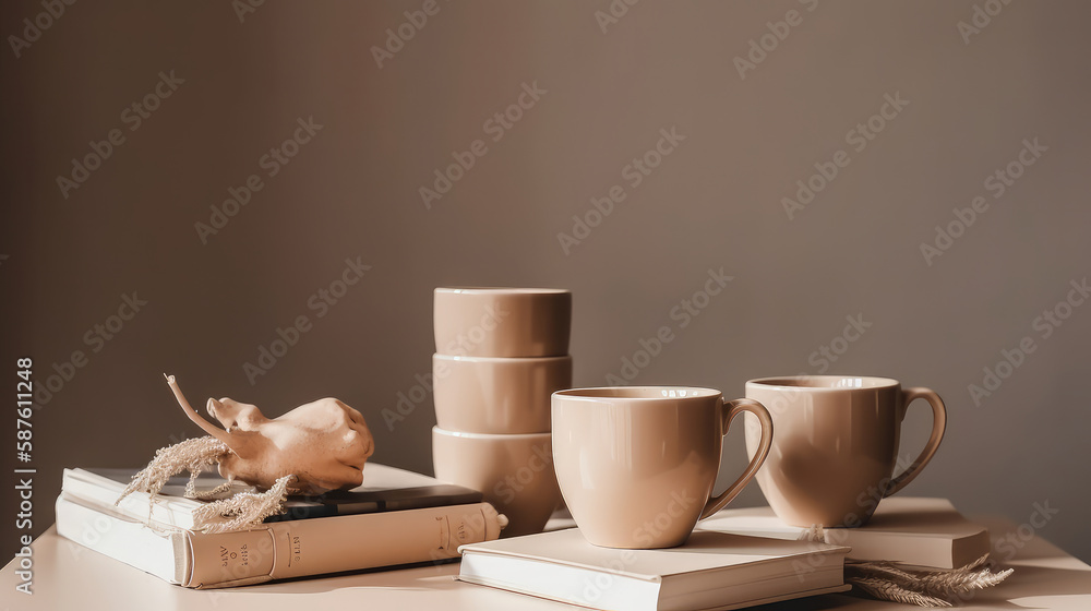 Coffee cups and books on minimalist background. Illustration AI Generative.